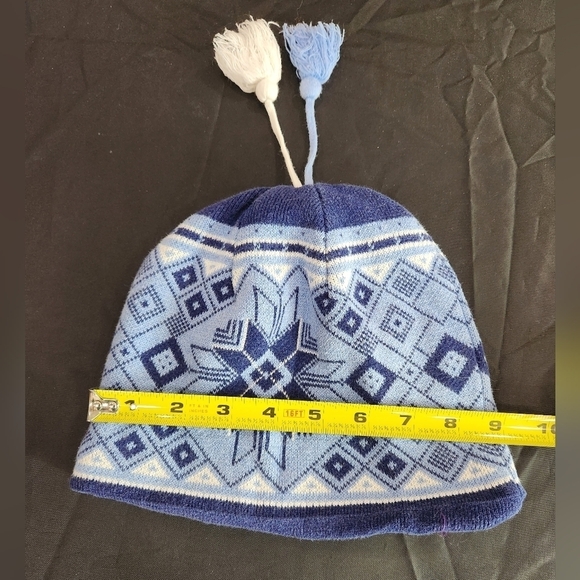 Double Lined Fleece Blue Beanie with Blue and White Tassels - Picture 3 of 5